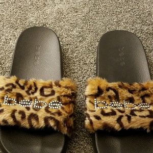Bebe Leopard Fur Slides
